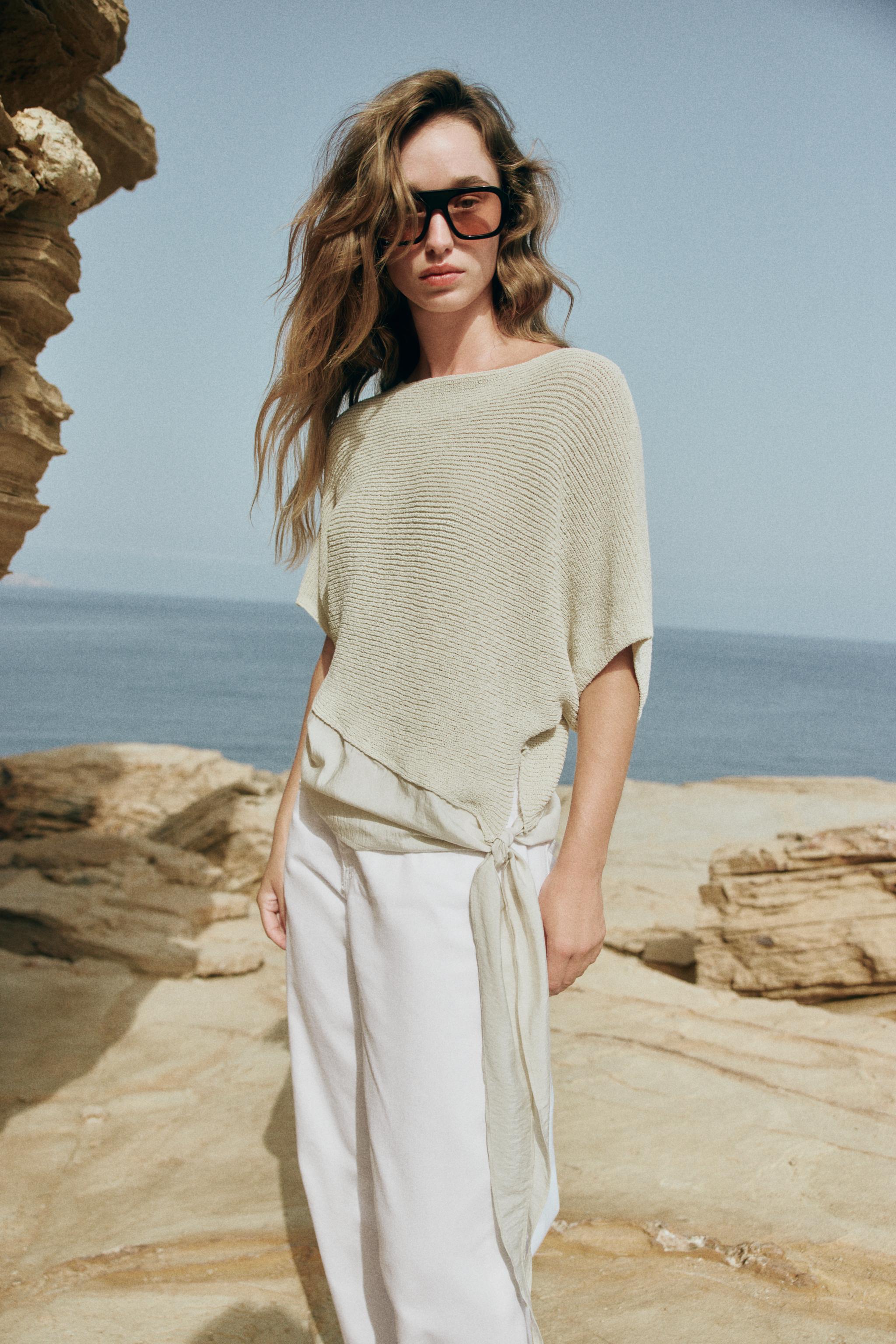 COMBINED KNIT TIE TOP — Light beige