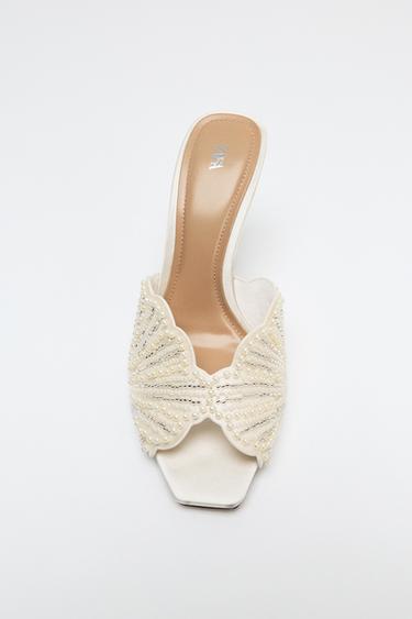 Zara BACKLESS PEARL HEELED SANDALS - White