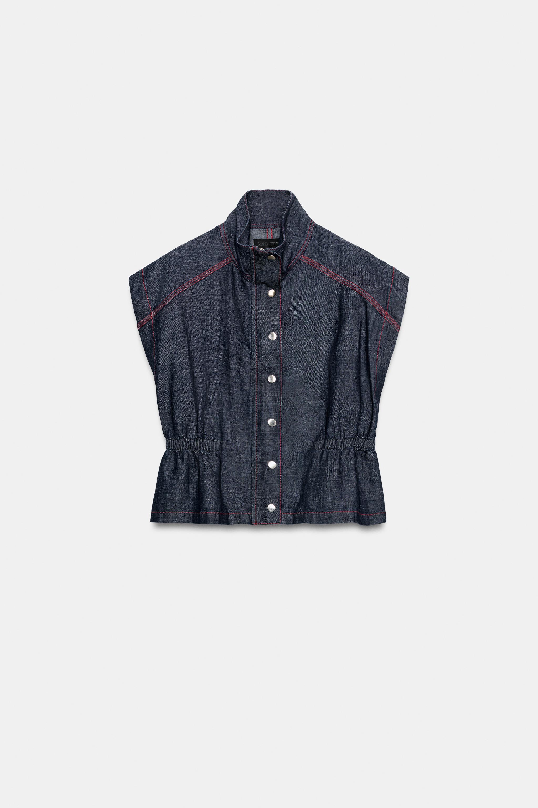 LINEN VEST WITH CONTRASTING TOPSTITCHING — Indigo