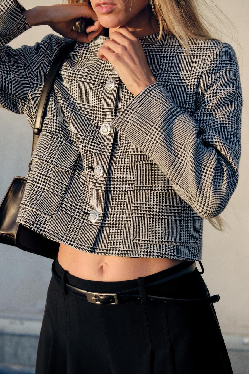 千鳥格子柄ショート丈ブレザー - ホワイト/ブラック | ZARA 
