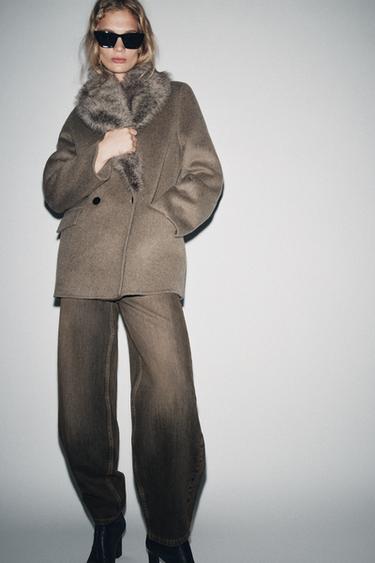 Zara WOOL BLEND BLAZER WITH FAUX FUR COLLAR ZW COLLECTION - Brown / Taupe - Image 0