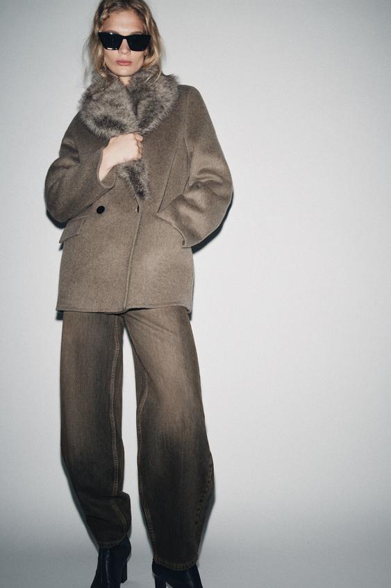 CHAQUETA MEZCLA LANA CUELLO EFECTO PELO ZW COLLECTION - Marrón / Topo de Zara - Imagen 0