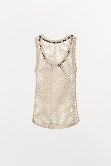T-SHIRT EN MAILLE AJOURÉE À NŒUD EN CONTRASTE - Blanc cassé de Zara - Image 3