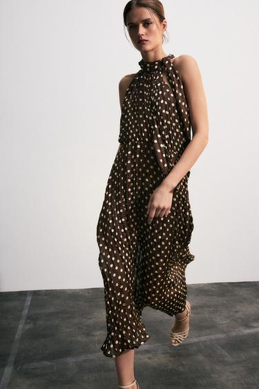 Zara POLKA DOT BOW MIDI DRESS - Brown / Ecru