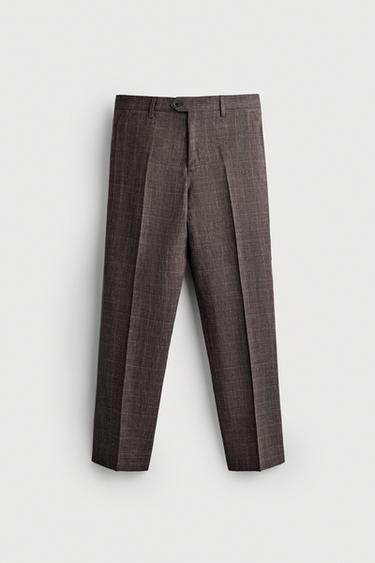 PANTALÓN TRAJE CUADROS LINO - LANA - Marrón de Zara