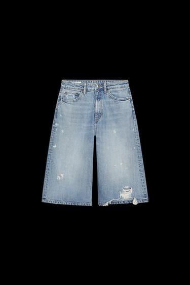 Zara RIPPED BAGGY DENIM JORTS - Light blue - Image 0