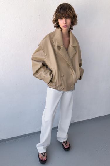 LEATHER EFFECT BOMBER JACKET - Stone by Zara