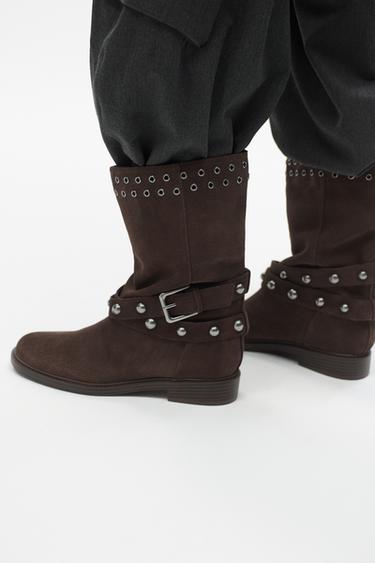 STUDDED SPLIT SUEDE ANKLE BOOTS - Brown by Zara