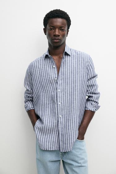Zara Regular fit striped 100% linen shirt - Blue