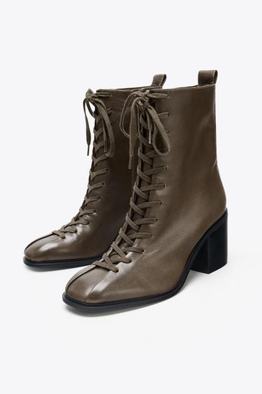LEATHER LACE-UP ANKLE BOOTS - Taupe Grey by Zara - Image 4