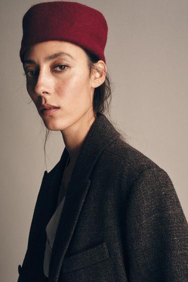 Zara 100% WOOL BEANIE WITH CUFF - Burgundy - Image 0