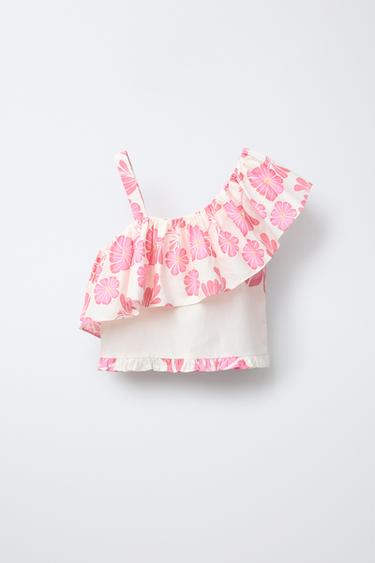 Zara ASYMMETRIC RUFFLE FLORAL TOP - Pink