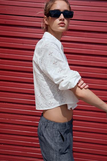 Zara OPENWORK EMBROIDERY SHIRT - White
