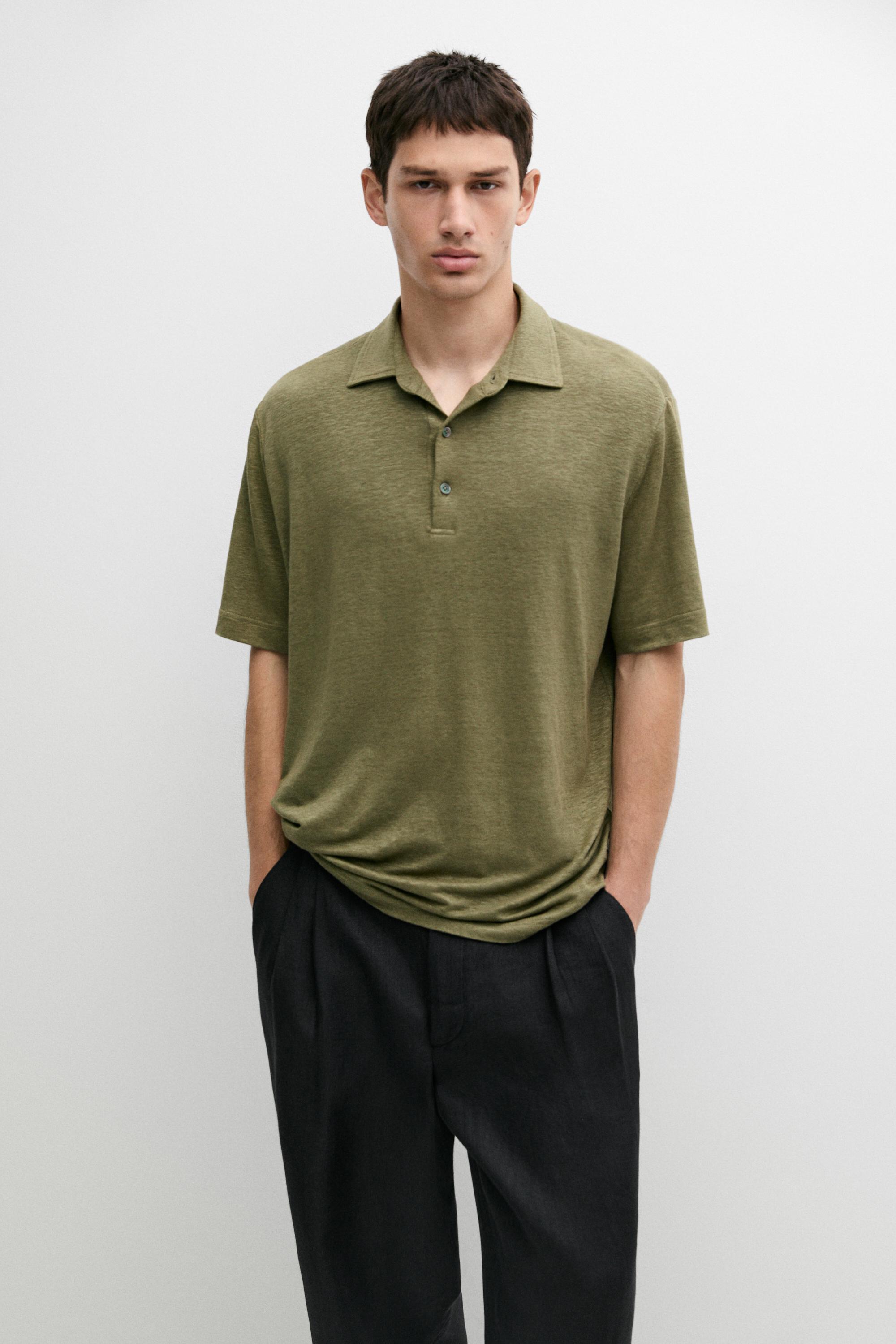 100% linen short sleeve polo shirt — Khaki marl