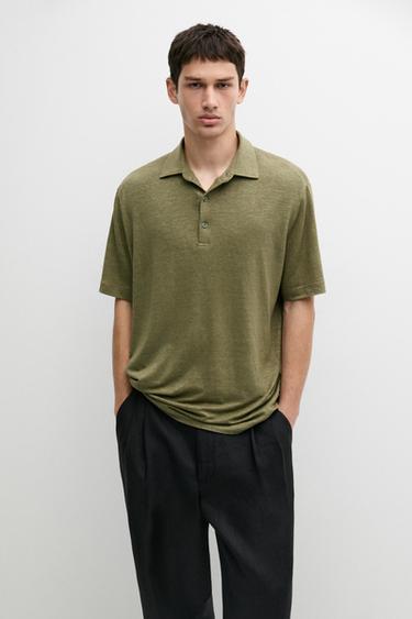 100% linen short sleeve polo shirt — Khaki marl 2