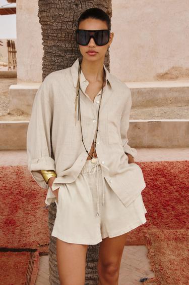 LINEN BLEND BOXER BERMUDA SHORTS - Sand by Zara