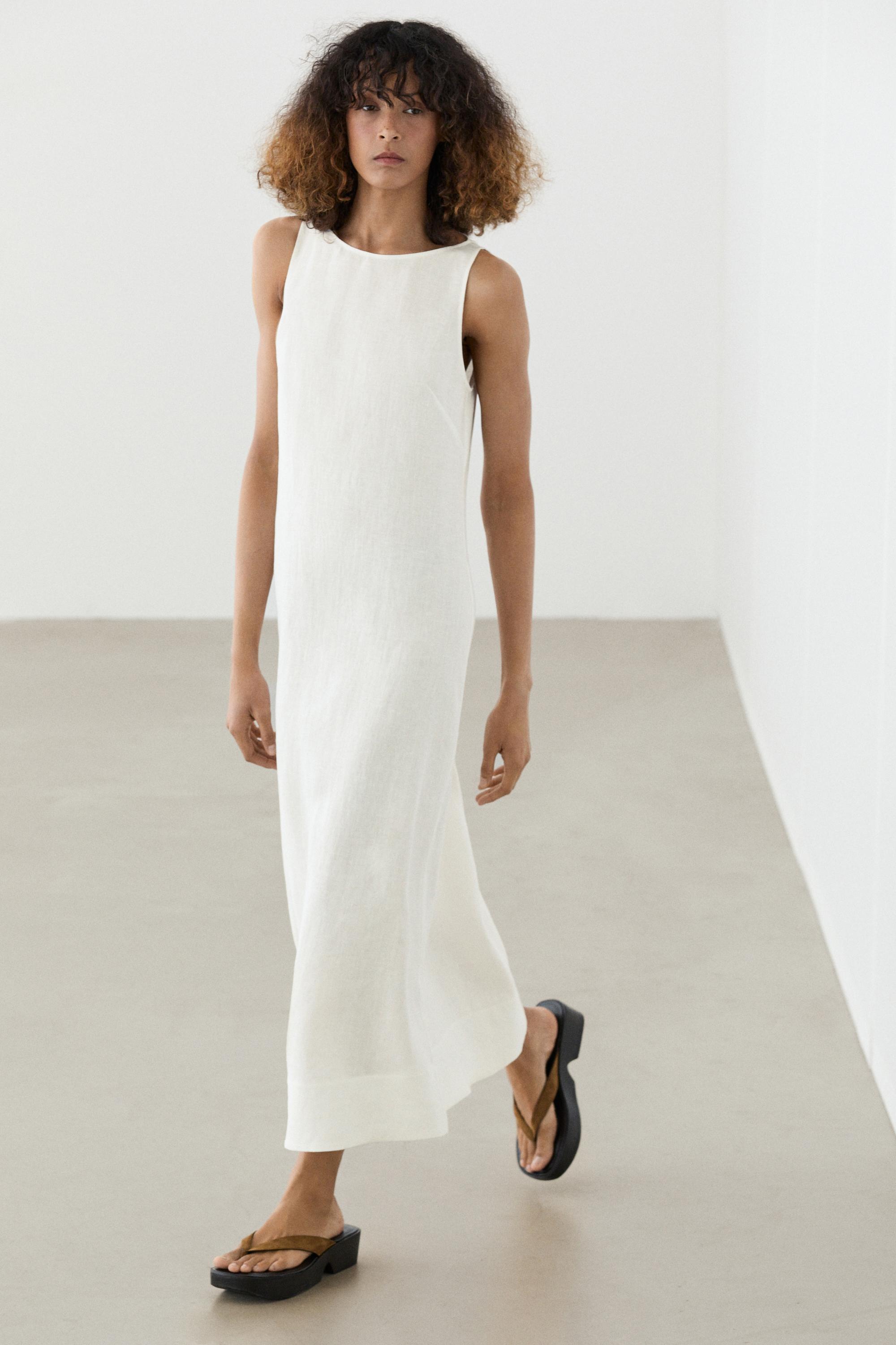 100% linen halter dress — White
