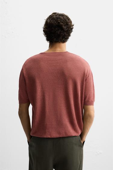 T-SHIRT EN MAILLE 100 % LIN - Rouge moyen de Zara - Image 2