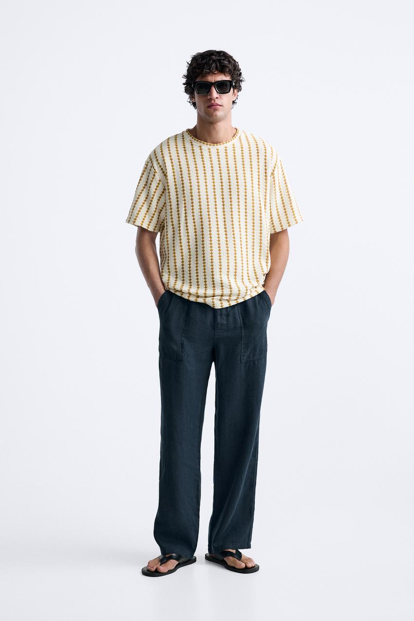 GESTREIFTES T-SHIRT MIT STRUKTURMUSTER - Cremefarben / Gelb | ZARA 