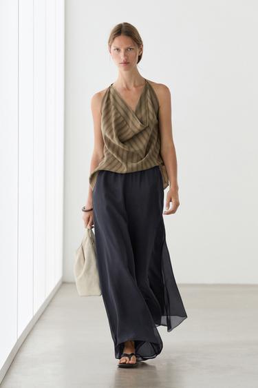 Pantalon fluide et ample 100 % soie - Bleu canard de Zara