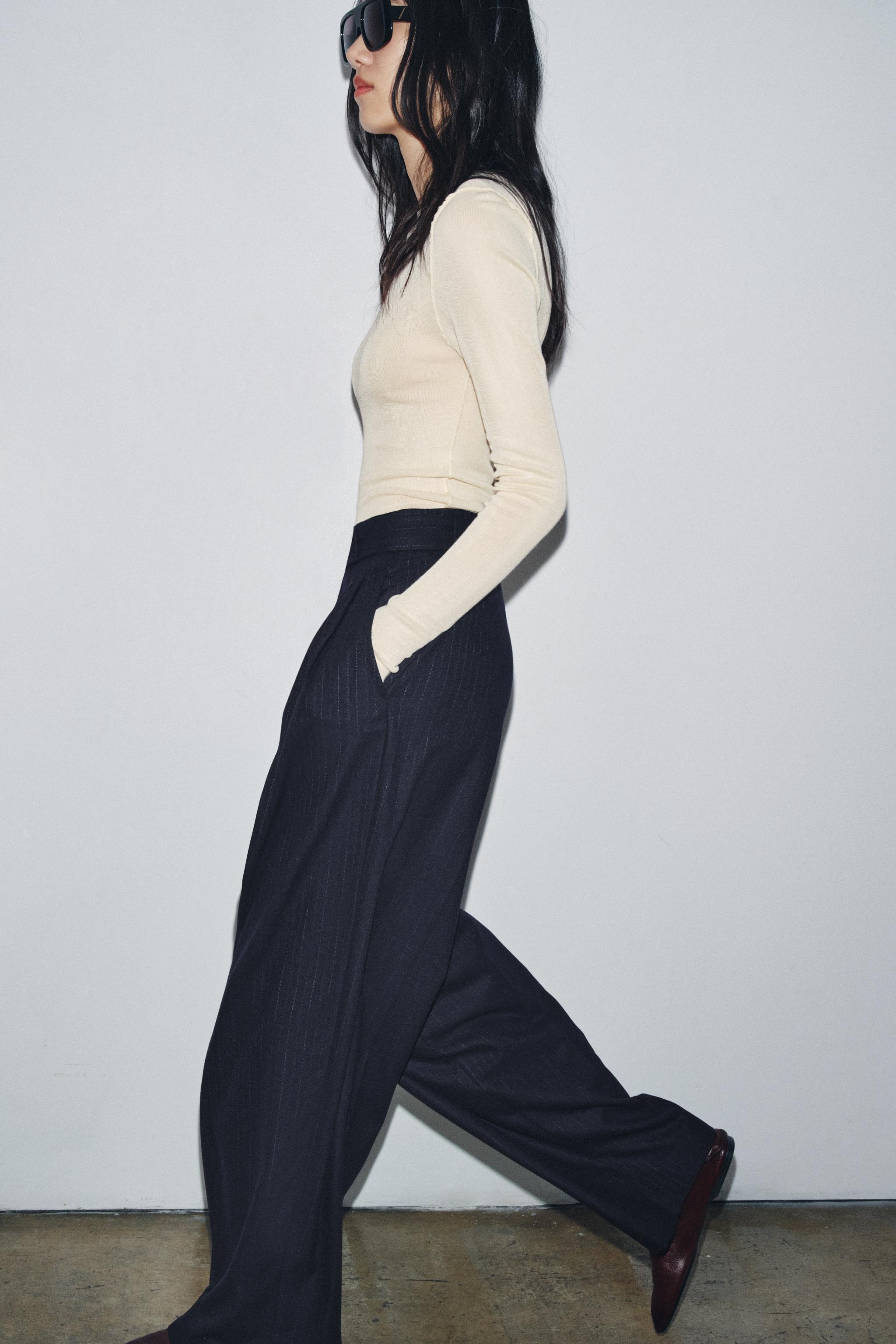 PINSTRIPE BELTED PANTS ZW COLLECTION - Blue | ZARA United States