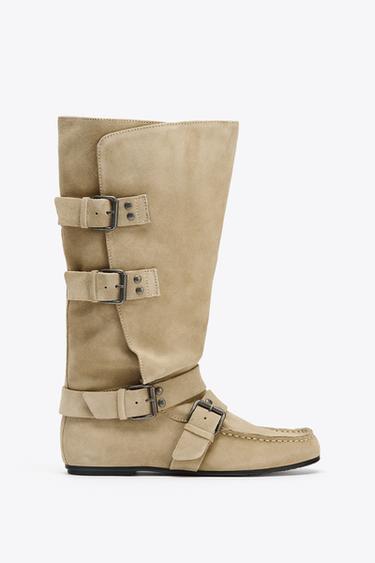 BUCKLED SPLIT SUEDE BOOTS - Sand Brown by Zara - Image 0