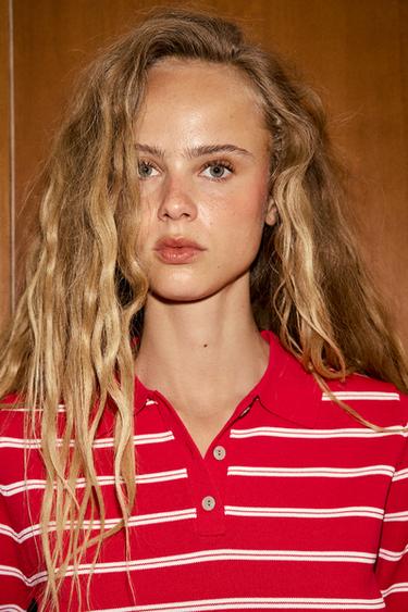 STRIPED SHORT SLEEVE KNIT POLO SHIRT - Red by Zara - Image 2