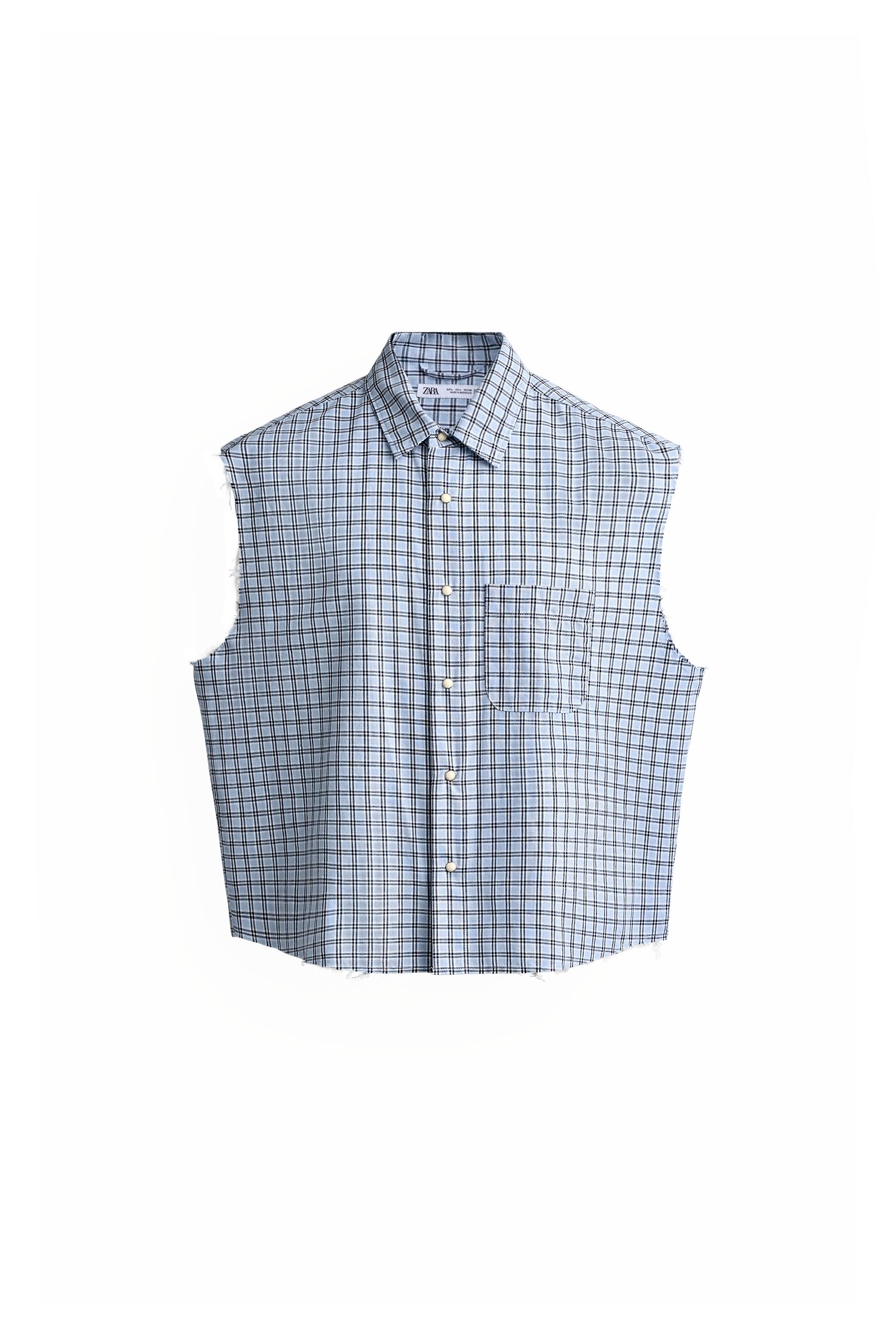 クロップド丈チェック柄タンクトップシャツ - ブルー | ZARA Japan / 日本