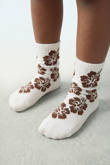 LOT DE DEUX CHAUSSETTES MI-Hautes HIBISCUS ET DAMIER - Marron de Zara