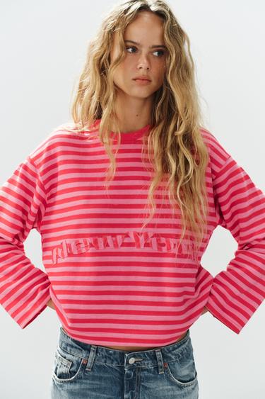 STRIPED TEXT T-SHIRT — Red 1