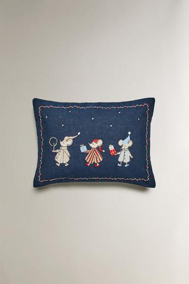 CHILDREN'S CHRISTMAS MICE CUSHION COVER - Blue by Zara - Image 0