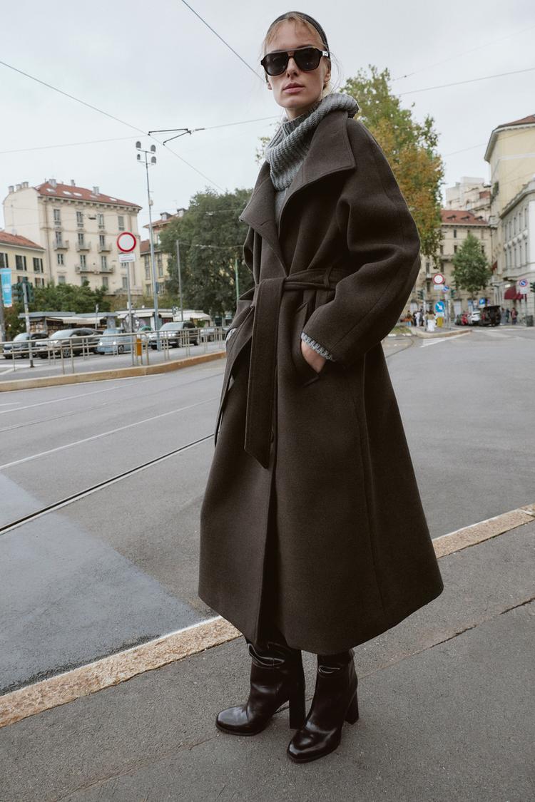 SOFT HIGH-NECK BELTED COAT Brown ZARA United States