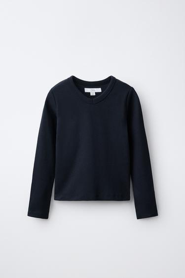 Zara RIBBED V-NECK T-SHIRT - Navy blue
