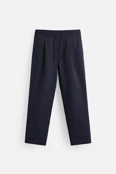 PLEATED SEERSUCKER TROUSERS - Navy blue by Zara