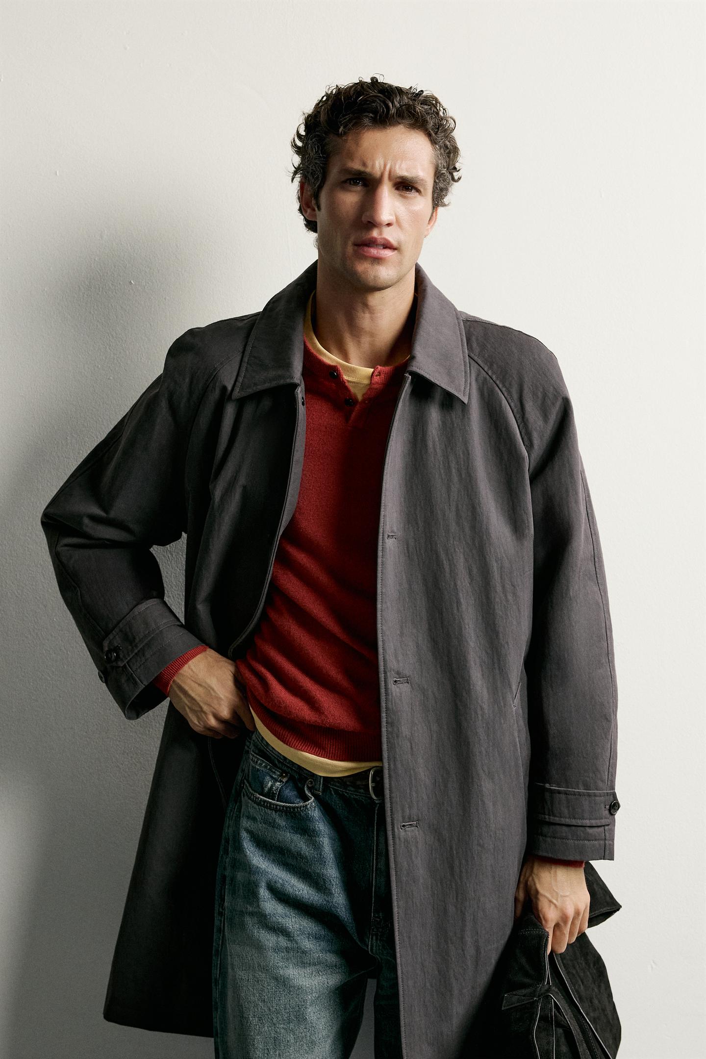 Мужское пальто Zara Water-Repellent Regular Fit Trench, цвет: Антрацитовый серый — фото 2