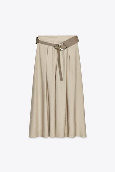 Zara RUSTIC BELTED A-LINE SKIRT - Light beige