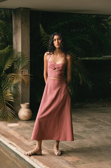 Zara RAMIE HALTER MIDI DRESS - MARSALA