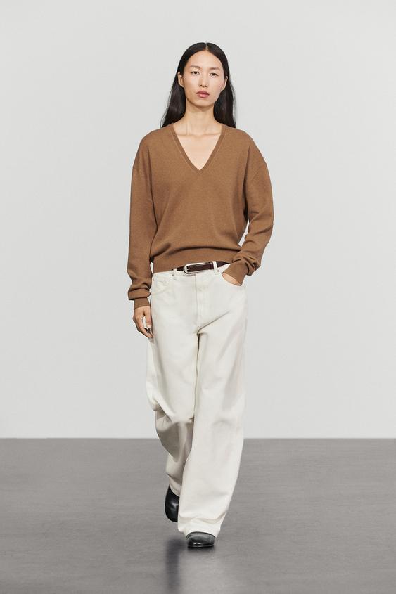 Zara Wool blend knit V-neck sweater - taupe brown - Image 0
