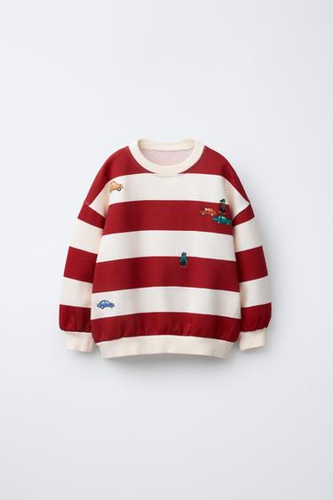 SUDADERA RAYAS BORDADOS - Crudo / Rojo de Zara