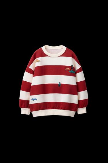 SUDADERA RAYAS BORDADOS - Crudo / Rojo de Zara - Imagen 0