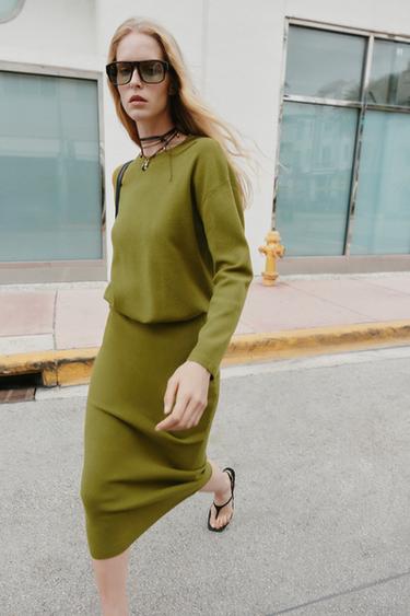 KNIT MIDI SKIRT - Moss green by Zara
