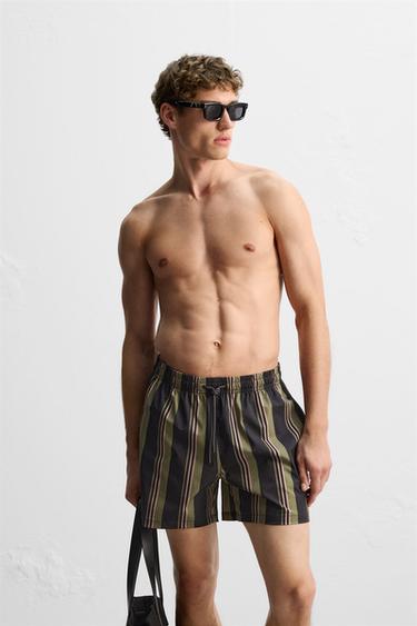 STRIPED REGULAR SWIMMING TRUNKS - Khaki by Zara - Image 1