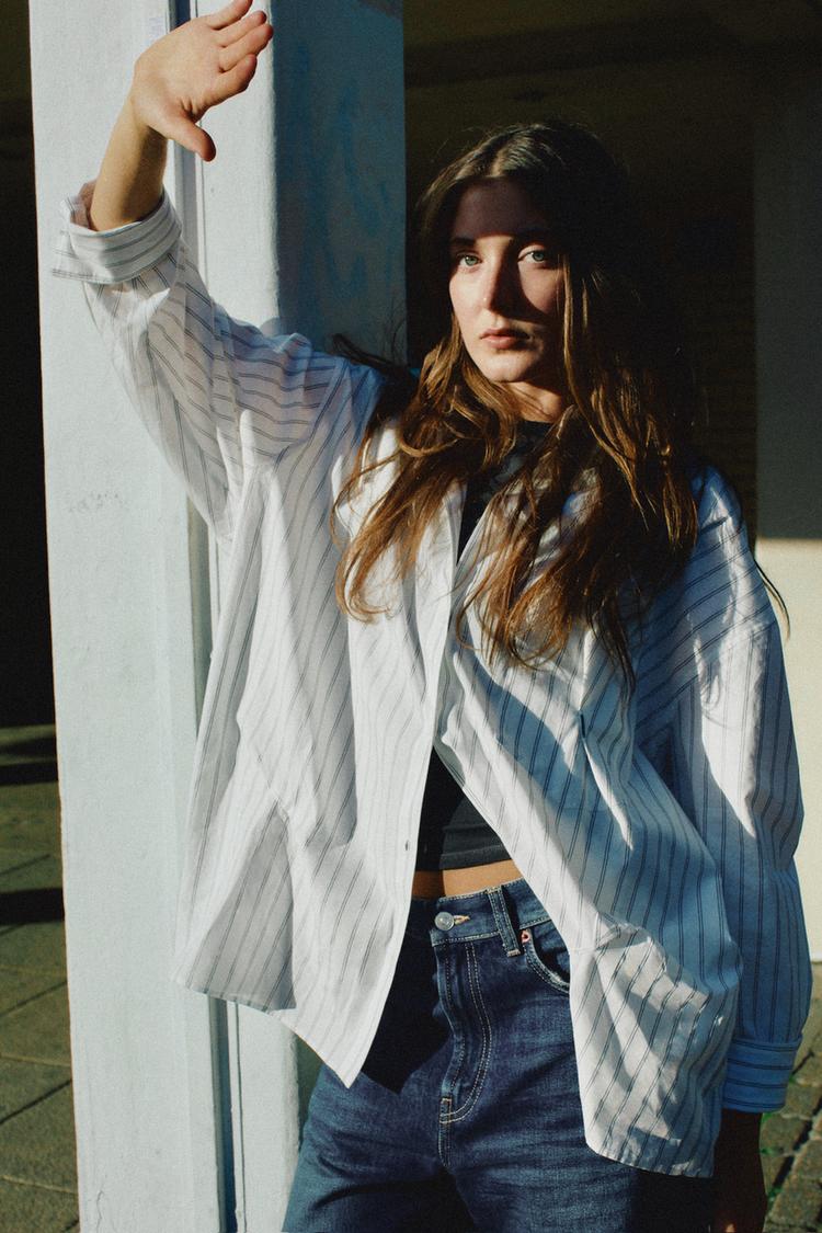 CAMICIA POPELINE OVERSIZE IMPUNTURE Bianco Nero ZARA Italia