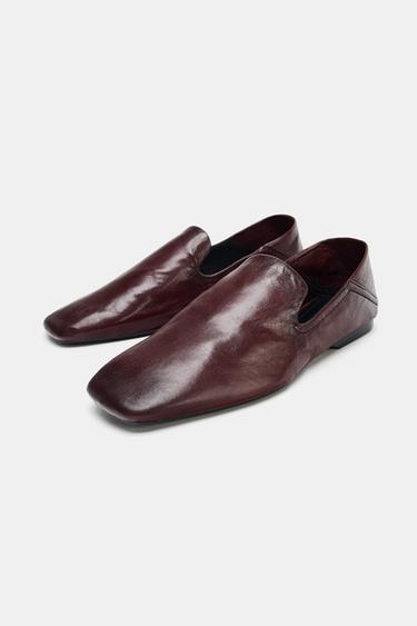 Zara LEATHER LOAFERS WITH HIGH VAMP - Burgundy Red