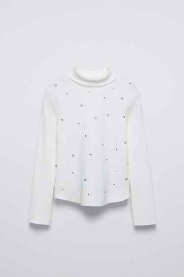 Zara RIB RHINESTONE TURTLENECK TOP - White