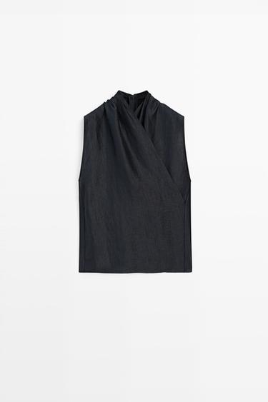 Zara Linen blend sleeveless crossover top - Navy blue