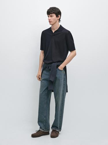 Polo en maille à col en V - Bleu marine de Zara - Image 0