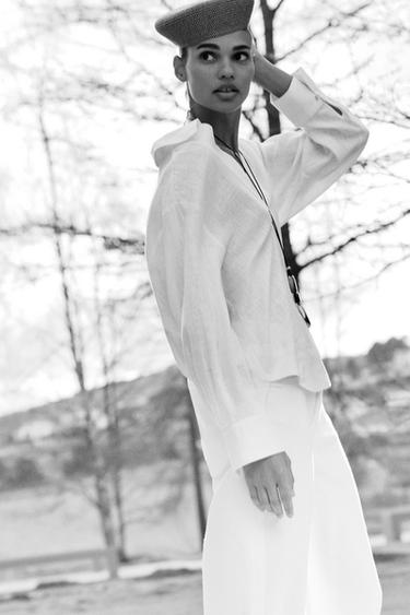 BLOUSE EN LIN À COL POLO - Blanc de Zara - Image 7