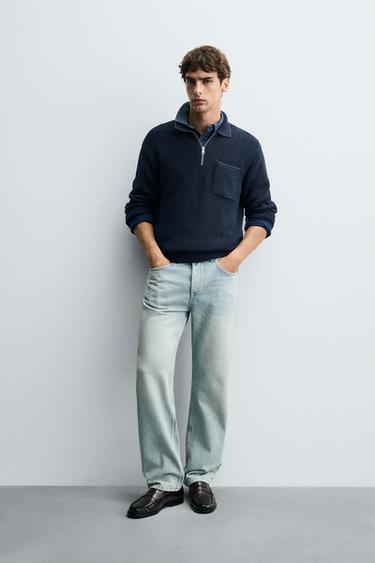 WASHED TEXTURED KNIT POLO SHIRT - Faded blue by Zara - Image 0