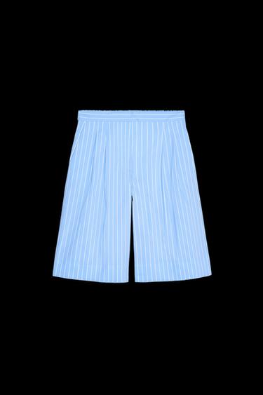 Zara ZW COLLECTION STRIPED PLEATED BERMUDA SHORTS - Blue / White - Image 0